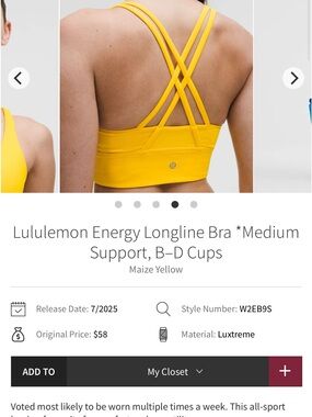 Lululemon Energy Longline Bra *Medium Support, B–D Cups Maize Yellow NWT size 6